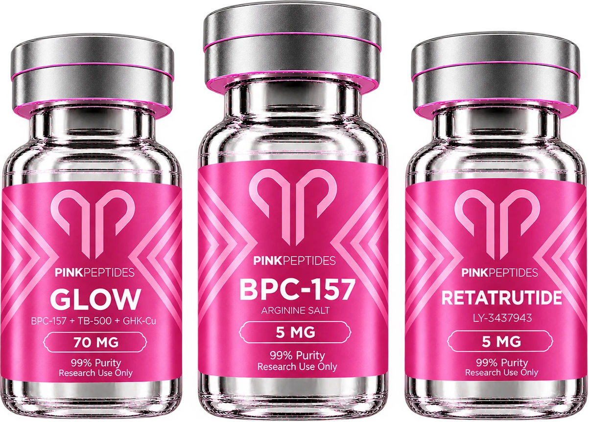 Pink Peptides GLOW, BPC-157 and Retatrutide vials