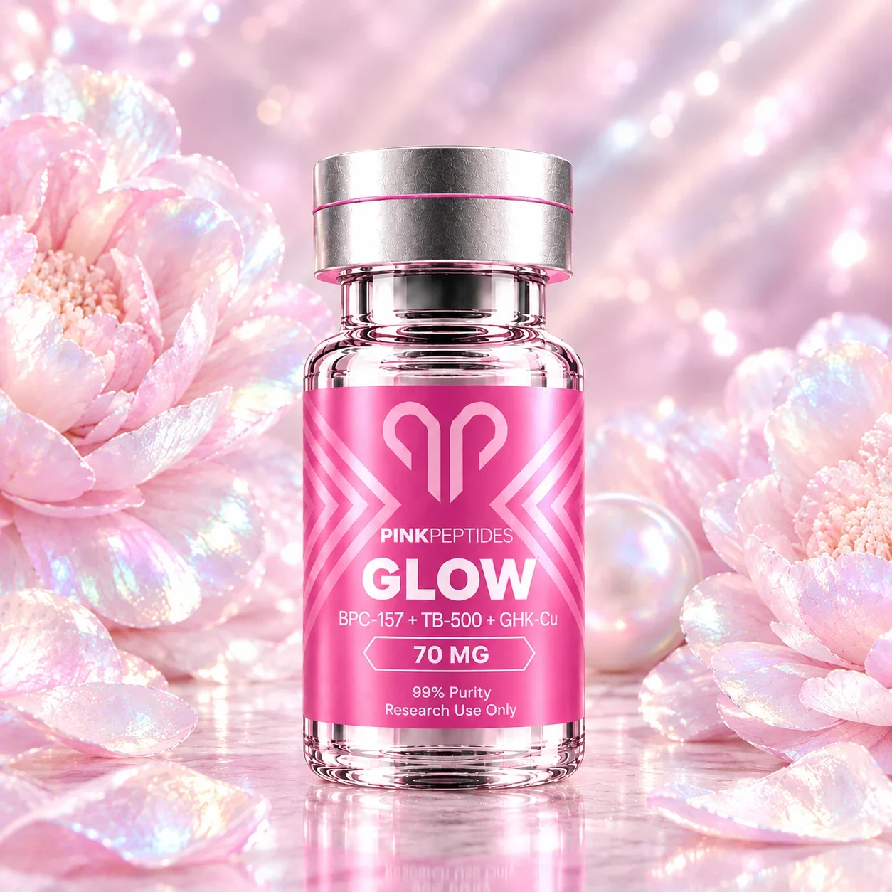 GLOW 70 mg vial among iridescent peonies and pearls
